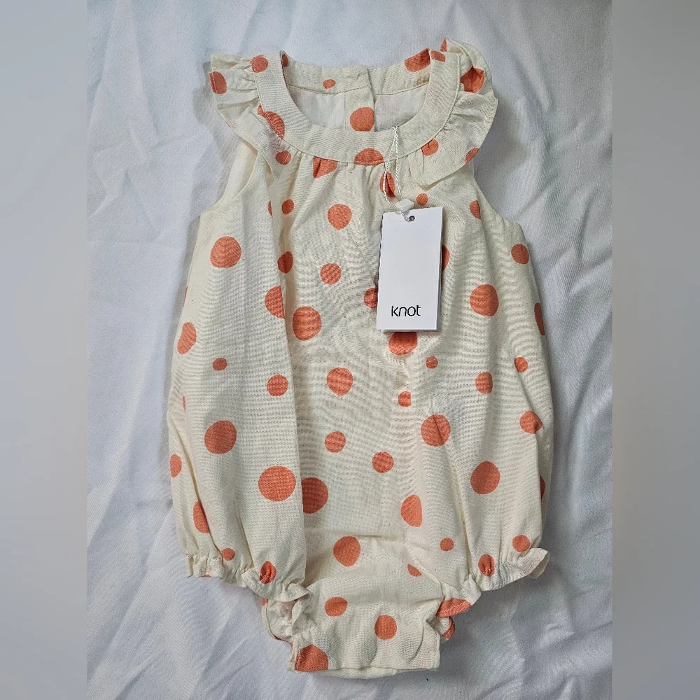 Knot Cream Polka Dot Baby Romper with Ruffle Collar- 6 Month- NWT